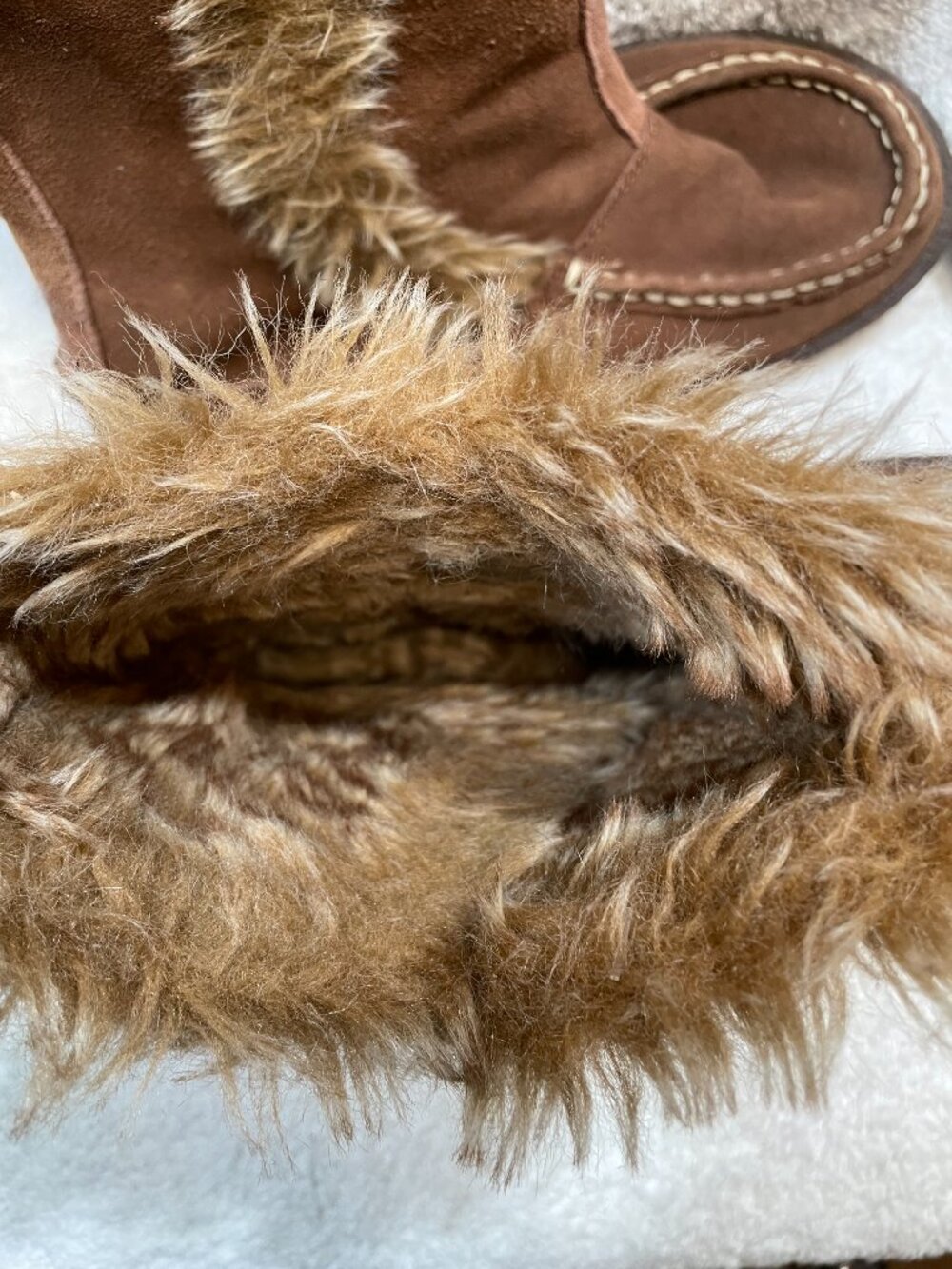 Staheekum Simone Moccasins Boots Womens Size 8 Cocoa Brown Cow Suede Acrylic Fur - Picture 7 of 10